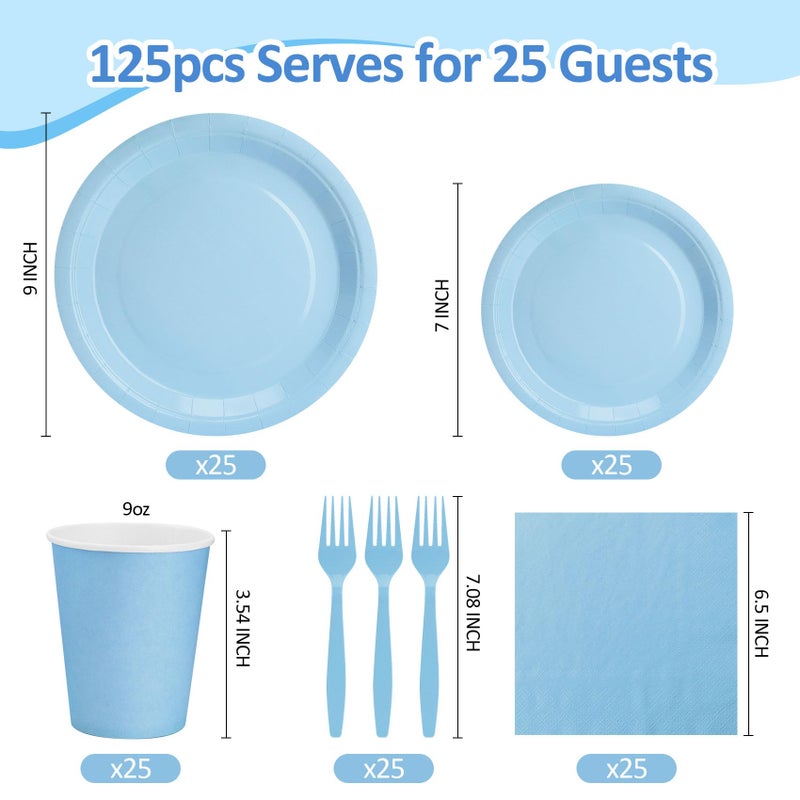 CENLBJ Light Blue Paper Plates and Napkins Party Supplies, Include 9Disposable Blue Plate, 7Dessert Plates Cups Napkins Forks for Baby Shower, Wedding, Birthday, Serves 25 - Image 2